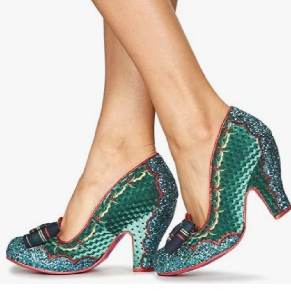 New Christmas velvet and glitter green Irregular Choice heels, size 41, US 11